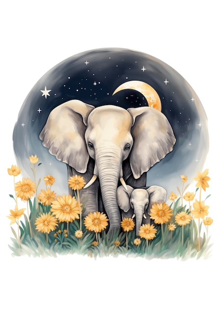 Foto mãe elefante e bebê com clipart de aquarela da lua