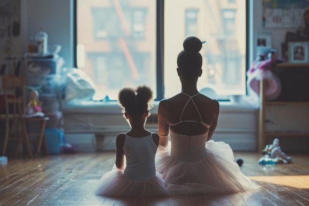 mãe em um tutu de ballet e sua filha praticando juntos ai generativo
