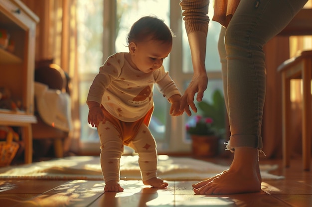 Foto mãe encorajando seu bebê a dar os primeiros passos