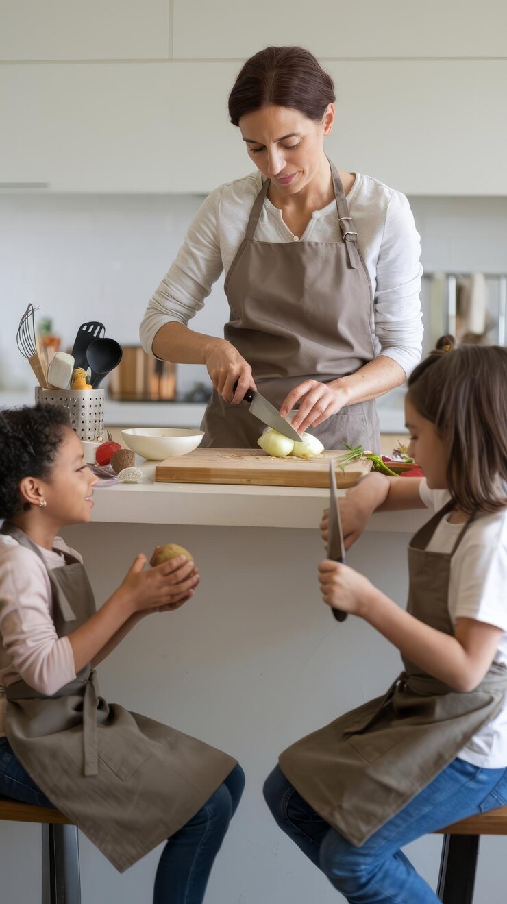 Foto mãe ensinando seus filhos a cozinhar em casa