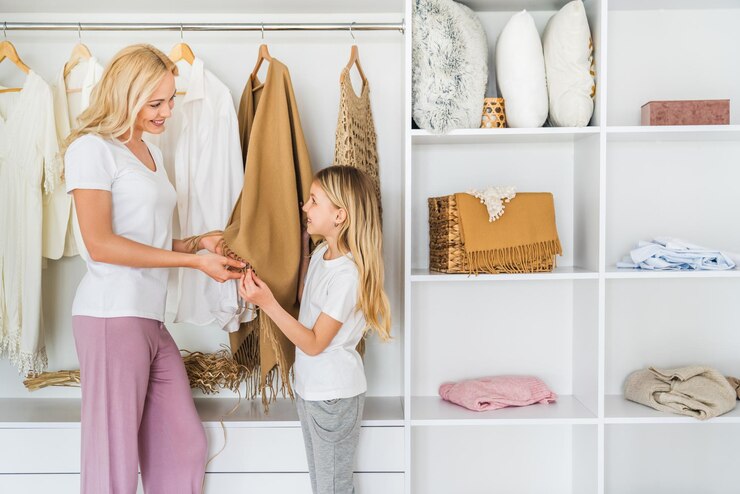 Foto mãe escolhendo roupas para sua filha do guarda-roupa em casa