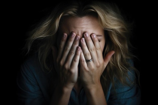 Mãe exausta cobrindo o rosto em perigo Mulher retrato em depressão sentada no sofá da sala sofrendo de excesso de trabalho e estresse