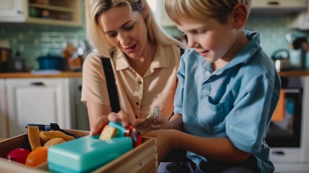 Mãe fazendo um lanche para o filho na escola.