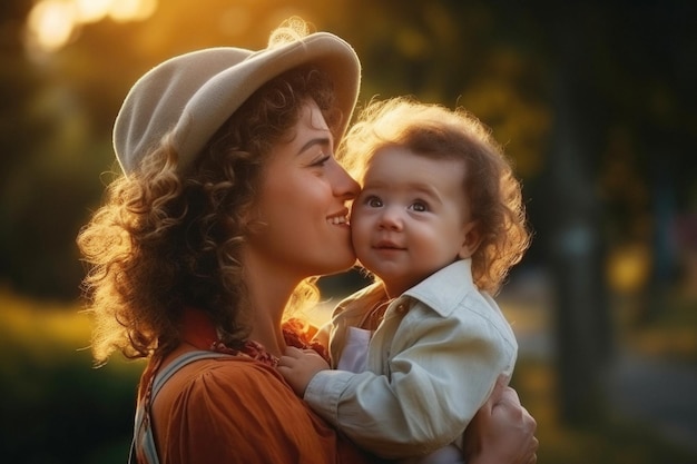 Foto mãe feliz com bebê do lado de fora feito com tecnologia generative ai
