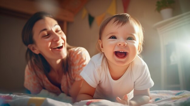 Mãe feliz e bebê se divertindo na cama antes de ir para a tarde