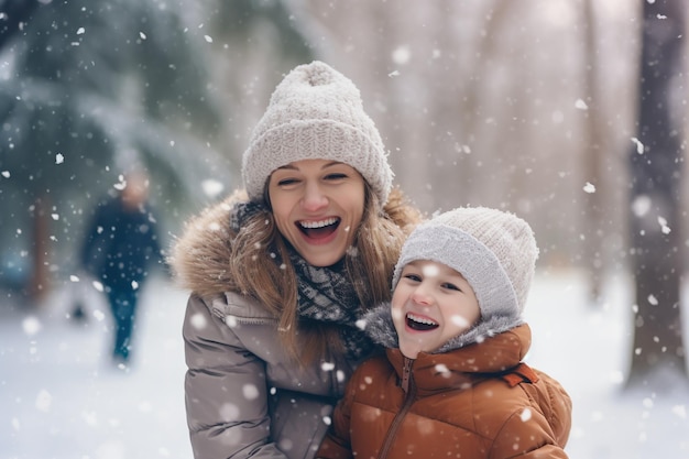 Mãe feliz e criança brincando em Winter Park aproveitando o clima de neve