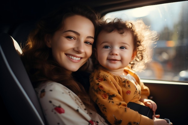 Mãe feliz protegendo o cinto de segurança para o bebê recém-nascido no assento do carro, sorrindo e alegre