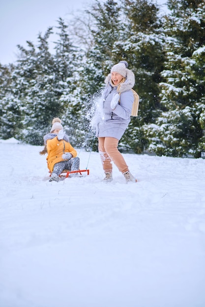 Mãe feliz puxando trenó com criança na estrada do parque nevado