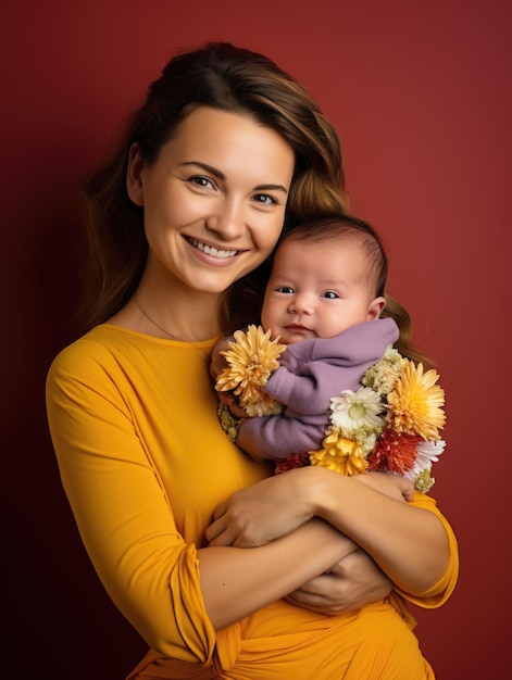 Mãe feliz sorridente e bebê recém-nascido