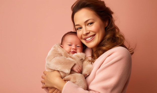 Mãe feliz sorridente e bebê recém-nascido