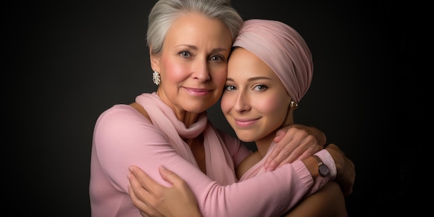 Mãe filhas e amigas se abraçam em campanha de prevenção e tratamento do câncer de mama