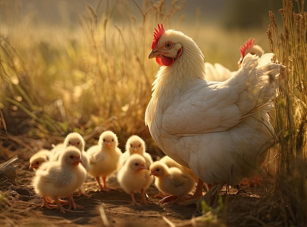Mãe galinha com galinhas em um quintal rural Galinhas em uma grama na aldeia contra fotos de sol