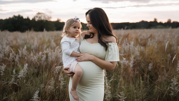 Mãe grávida com sua filha em um campo