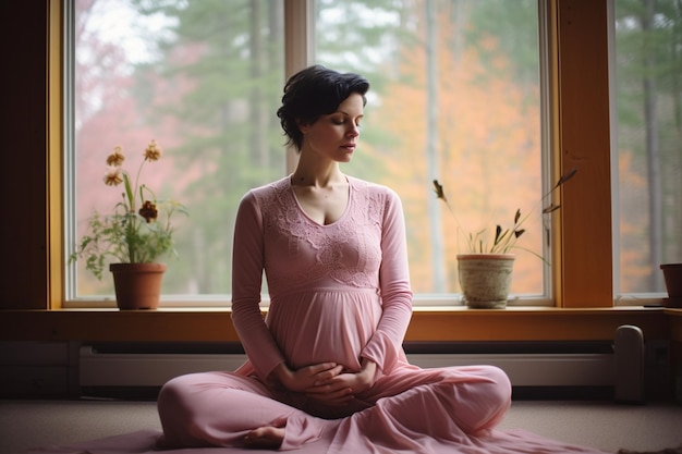 Mãe grávida pratica ioga pré-natal encontrando paz e preparando-se para a maternidade em um lar sereno