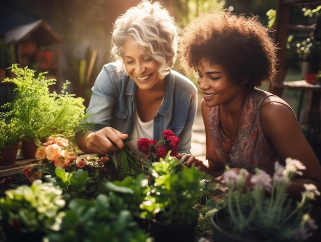 Mãe idosa feliz com filha adulta em casa plantando ervas