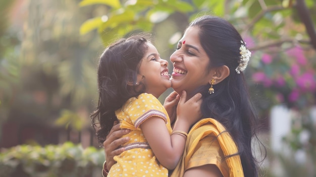 Mãe indiana feliz a divertir-se com a filha ao ar livre conceito de família e amor