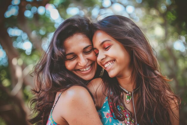 Mãe indiana feliz unindo-se com a filha ao ar livre enfatizando o amor