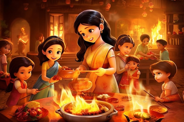 Mãe indiana, filha, fazendo, diwali, doce, caricatura, vetorial, ilustração