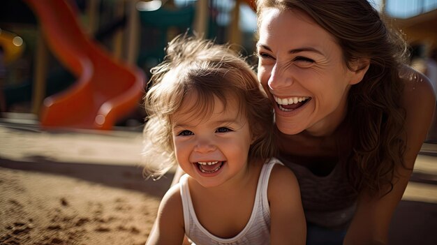 Mãe jovem amigável em um playground infantil brincando com sua filha na caixa de areia