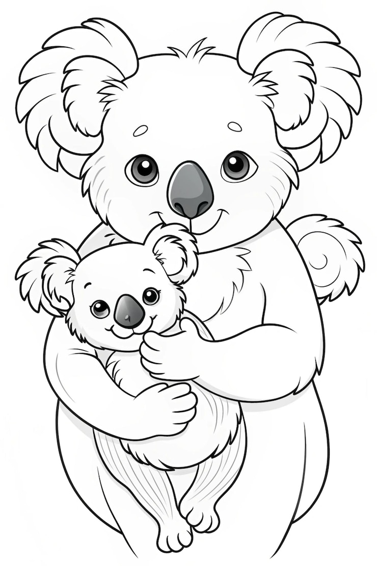 Foto mãe koala com joey família emocionante página de colorir