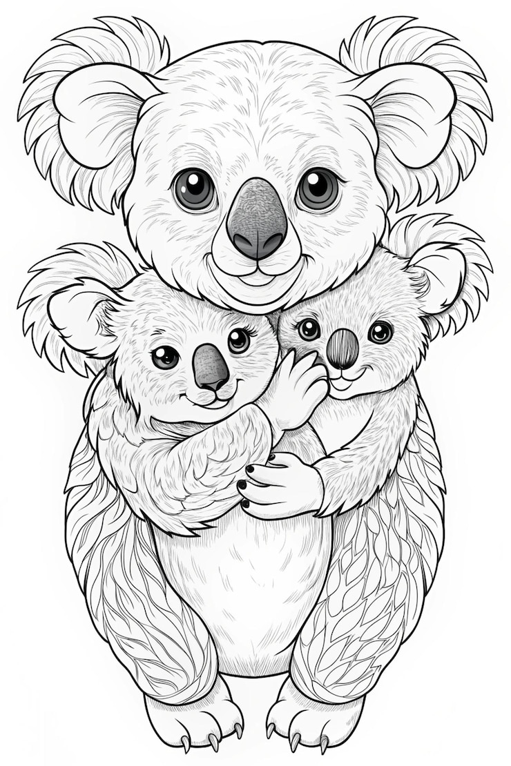 Foto mãe koala com joey família emocionante página de colorir