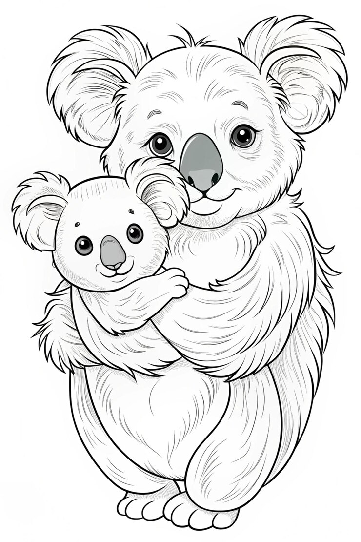 Foto mãe koala com joey família emocionante página de colorir