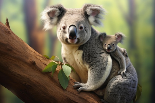 Mãe Koala com seu bebê em uma árvore de eucalipto Mãe koala com o bebê em suas costas Gerada por IA