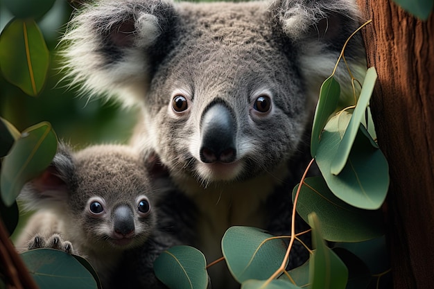 Mãe Koala com seu bebê em uma árvore de eucalipto Rosto bonito espreitando da árvore