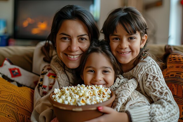 Mãe latina e filhos segurando pipocas sentados no sofá em casa para a noite de cinema IA generativa