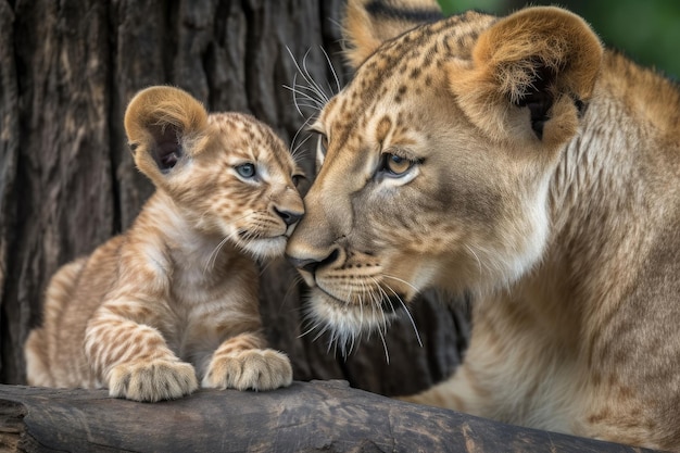 Mãe leoa e seu filhote se aconchegando de brincadeira contra a girafa bebê criada com IA generativa