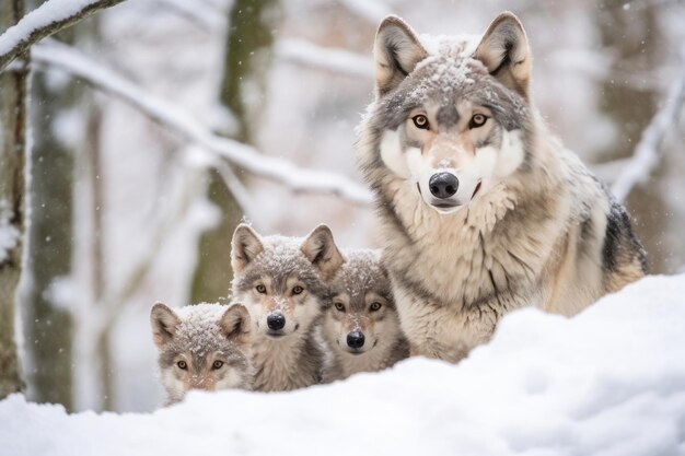 Mãe loba e filhotes de lobo na neve do inverno ia generativa