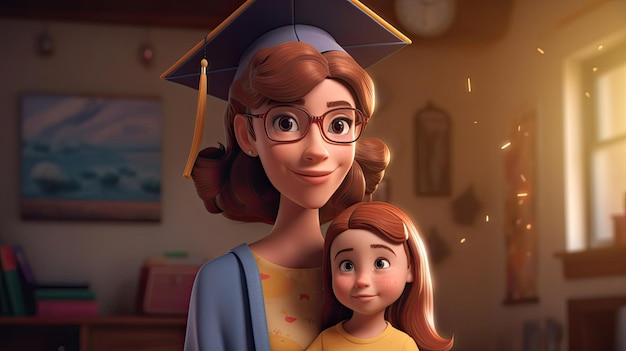 Mãe orgulhosa de sua filha graduada ilustração 3D