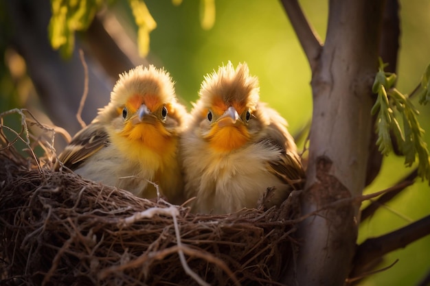 Mãe pássaro com dois filhotes