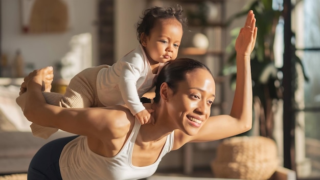 Foto mãe praticando ioga com sua filha em casa