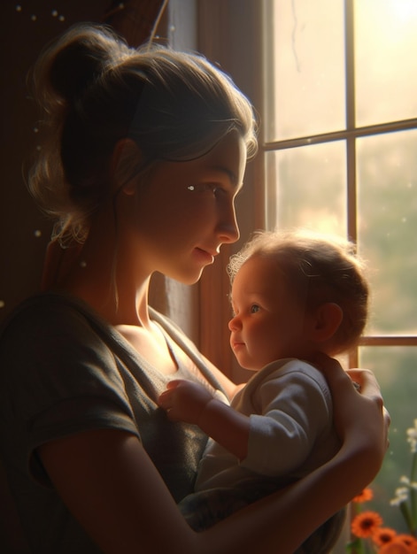 Mãe preocupada segurando seu filho recém-nascido olhando pela janela AI gerativa