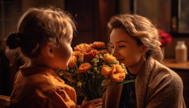 Mãe recebendo um buquê de flores de seu filho com um sorriso brilhante Dia das Mães Generative AI