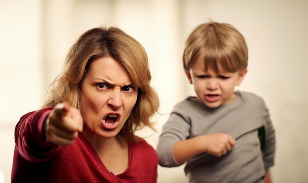 Foto mãe repreende seu filho desobediente uma criança chora e está com raiva uma mulher sacode o dedo por causa de