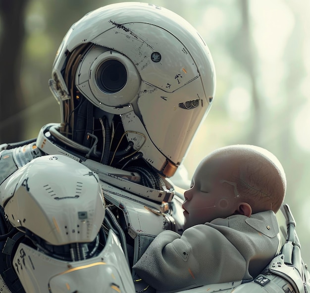 Mãe robô de IA segurando seu bebê conceito de dia das mães