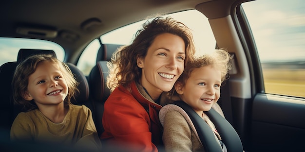 Mãe se vira para seus filhos no banco de trás do carro