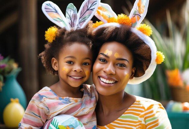 Foto mãe segurando filho na frente da cesta de páscoa