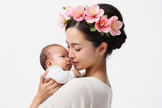 Foto mãe segurando o bebê em uma flor vibrante contra um fundo branco