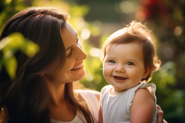 Mãe segurando seu bebê e sorrindo para o seu bebê