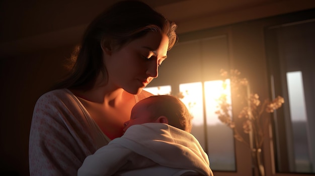 Foto mãe segurando seu filho recém-nascido com família amorosa