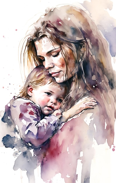 Mãe segurando um desenho em aquarela do dia das mães do bebê Generative Ai