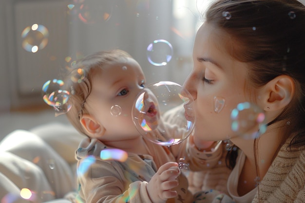 Foto mãe soprando bolhas para seu bebê estourar