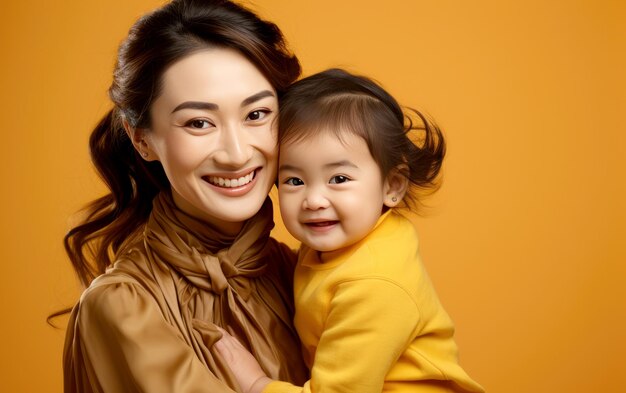 Mãe sorridente de moda segurando seu filho em fundo de cor sólida conceito de amor
