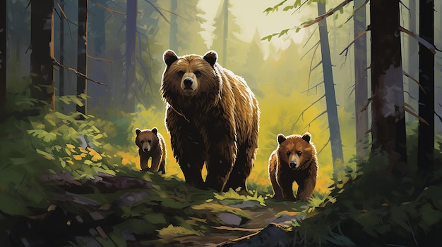 Mãe Ursa e Filhotes Vagando pela Floresta Fotografia Hiperrealista da Vida Selvagem