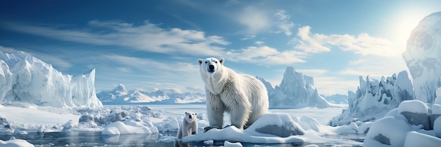 mãe urso branco polar com um filhote na neve e no gelo perto da água no inverno na natureza