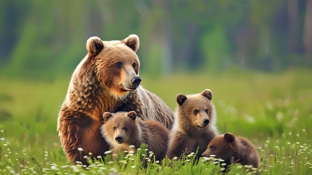 Foto mãe urso e filhotes em um prado sereno cena familiar da vida selvagem fotografia da natureza adequada para fundos capturar momentos ternos na natureza selvagem ia