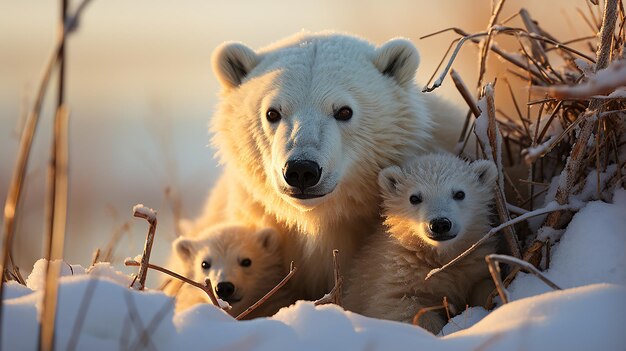 Mãe urso polar com filhotes